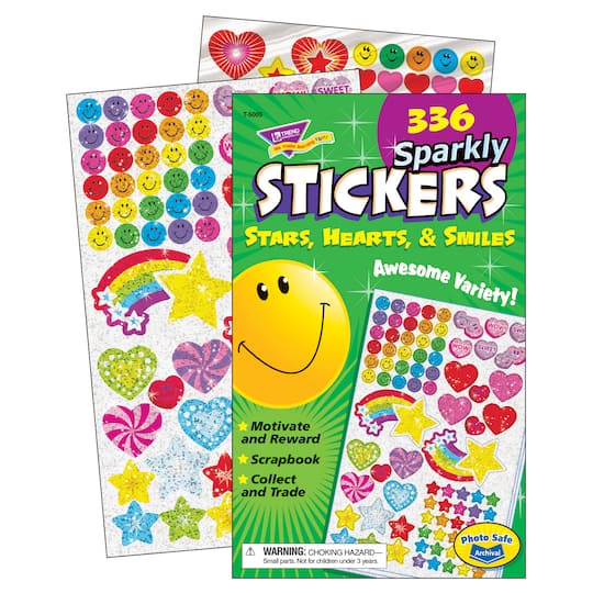 Trend Enterprises&#xAE; Sparkly Stars, Hearts, &#x26; Smiles Sticker Pad, 6 Pads of 336